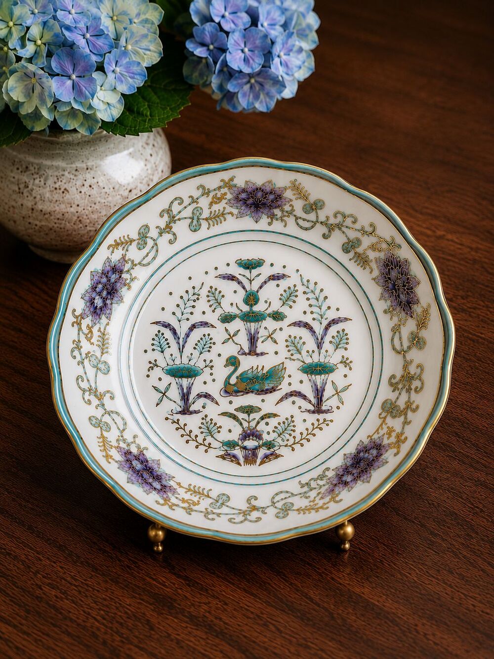 Hand Painted Porcelain Bowl Swan Floral Gold Gilt Blue Purple Andrea by Sadek